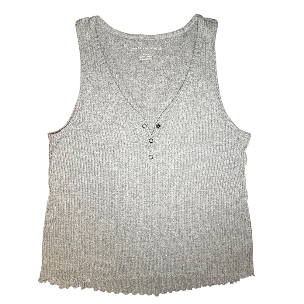 American Eagle Gray Ribbed Henley Soft Plush Tank Lettuce Hem V-Neck Womens M